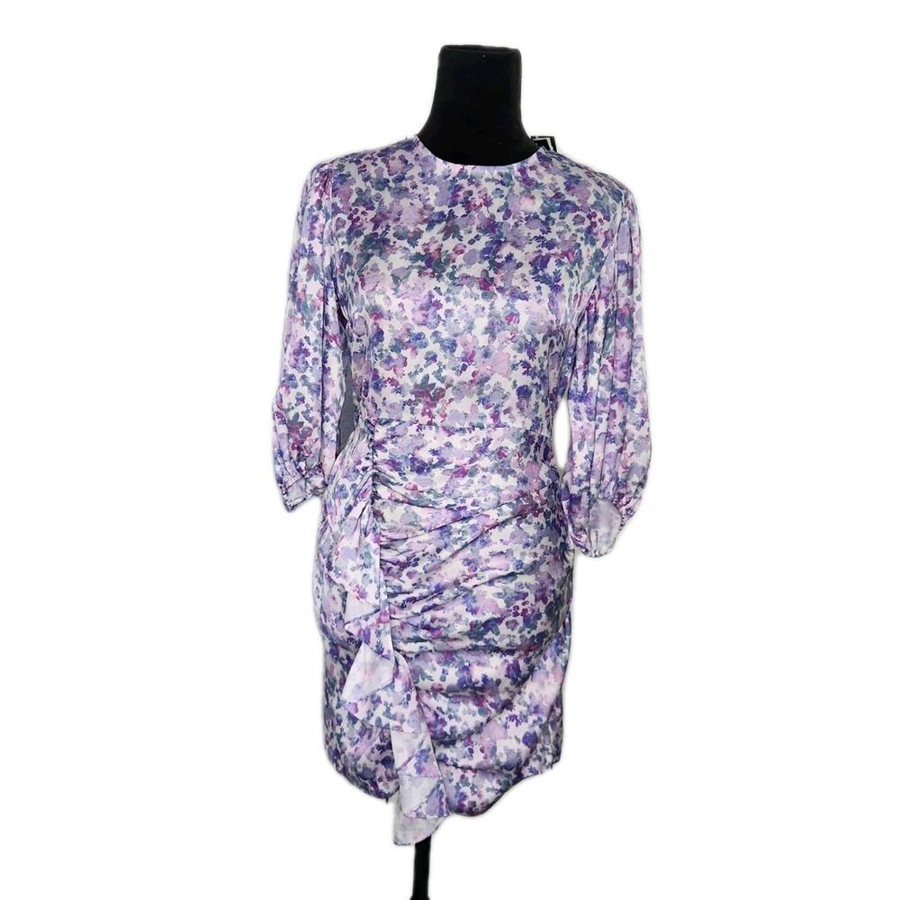 NWT Maje Ruvard Floral Rushed Ruffle 3/4 Sleeves Sheath mini Dress Size 36 - Picture 2 of 13